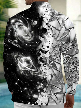 Adaychic Men's Cosmic Space Planets And Constellations Print Long Sleeve Shirt with Chest Pocket
