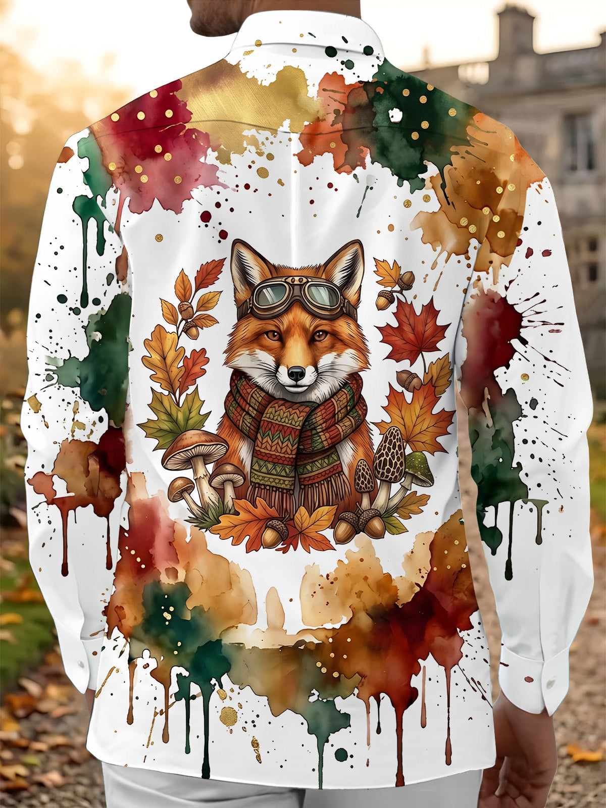 Adaychic Men's Graphic Fox With Goggles And Scarf Print Long Sleeve Shirt with Chest Pocket
