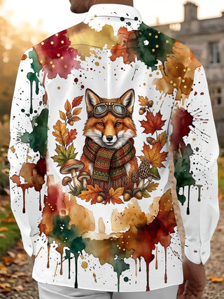 Adaychic Men's Graphic Fox With Goggles And Scarf Print Long Sleeve Shirt with Chest Pocket