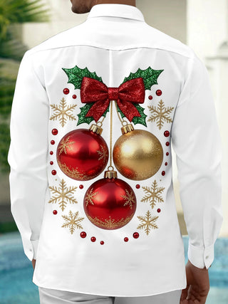 Adaychic Men's Christmas Ornaments And Snowflakes Print Long Sleeve Shirt with Chest Pocket