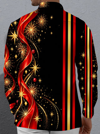 Adaychic Men's Striped Fireworks And Striped Ribbons Print Long Sleeve Shirt with Chest Pocket