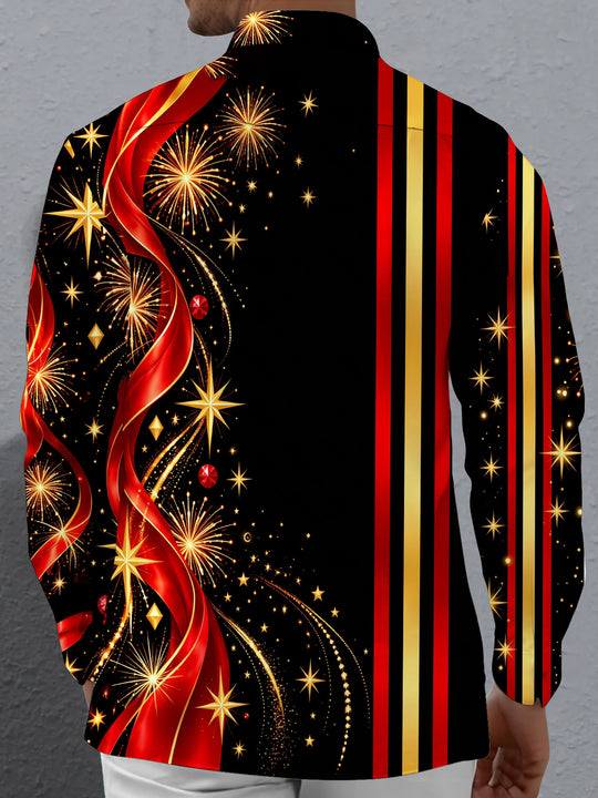 Adaychic Men's Striped Fireworks And Striped Ribbons Print Long Sleeve Shirt with Chest Pocket