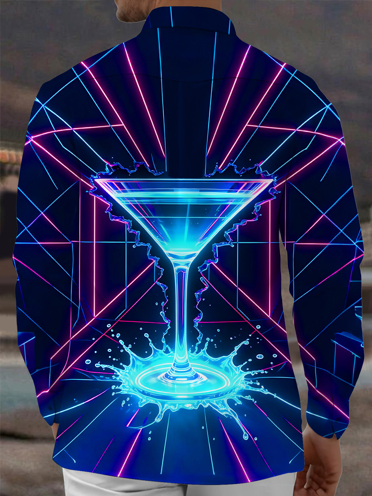 Adaychic Men's Graphic Neon Cocktail Glass Print Long Sleeve Shirt with Chest Pocket