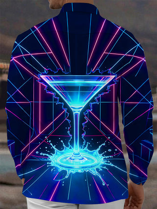 Adaychic Men's Graphic Neon Cocktail Glass Print Long Sleeve Shirt with Chest Pocket