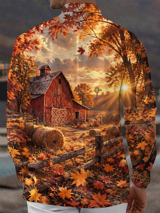 Adaychic Men's Long Sleeve Shirt - Thanksgiving Autumn Farm Barn And Hay Bales Print with Chest Pocket