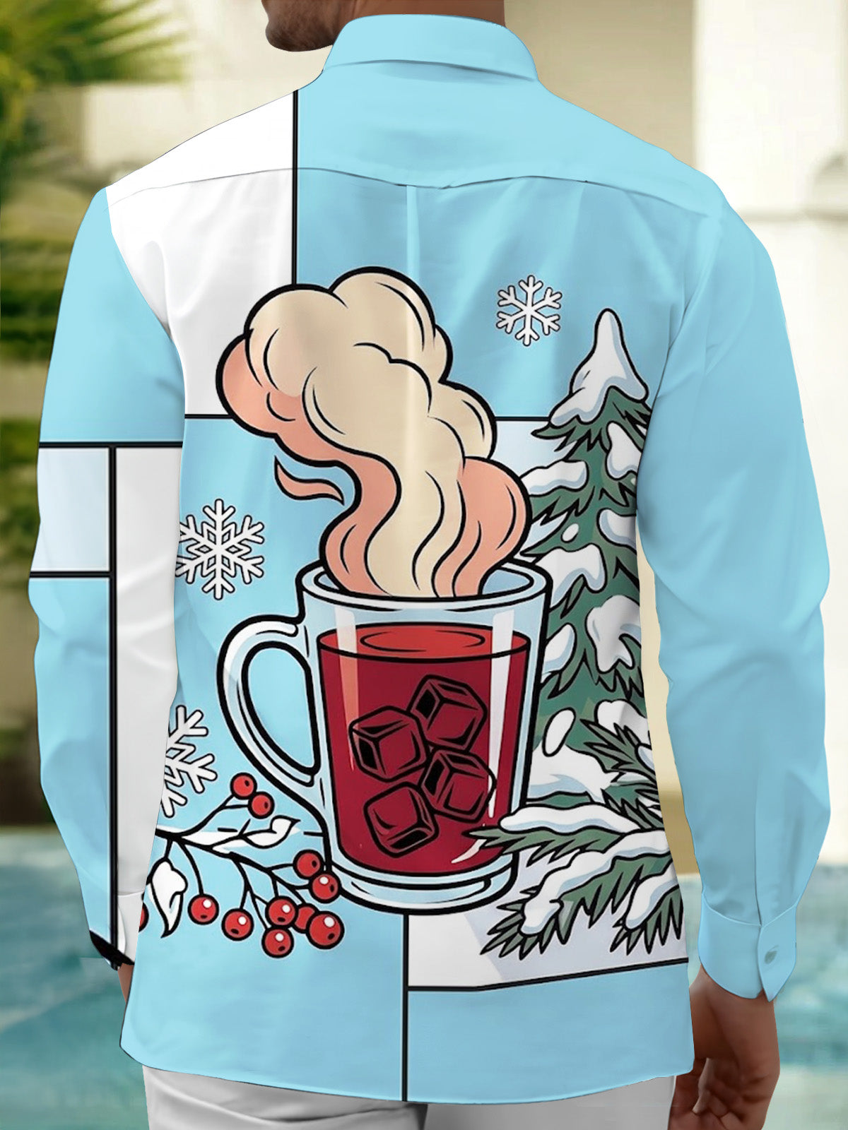 Adaychic Men's Printed Winter Snowflake Print Long Sleeve Shirt with Chest Pocket