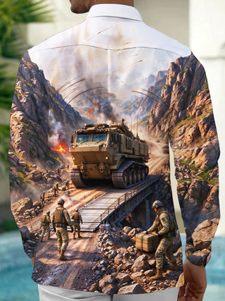 Adaychic Men's Long Sleeve Shirt - Military Combat Scene With Armored Vehicle And Soldiers Print with Chest Pocket