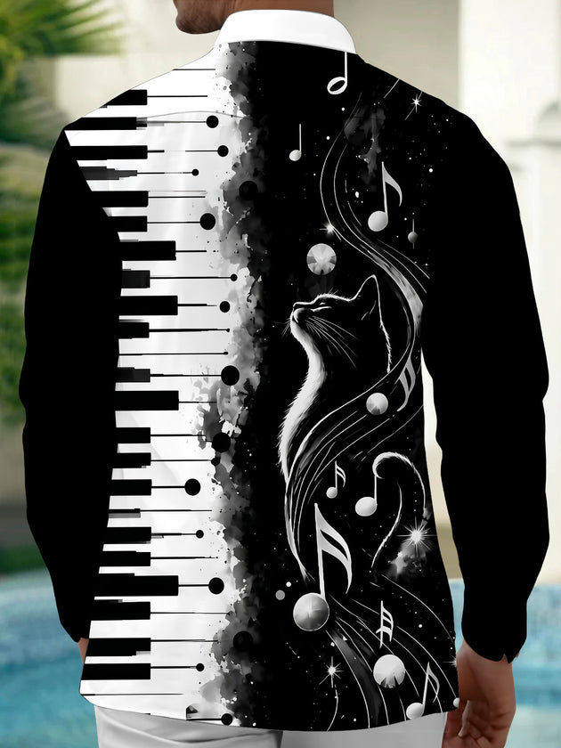 Adaychic Men's Piano Keys And Cat With Musical Notes Print Long Sleeve Shirt with Chest Pocket