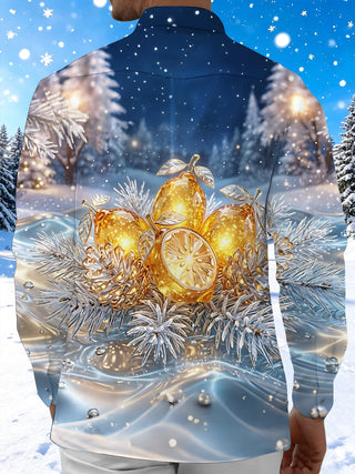Adaychic Men's Long Sleeve Shirt - Golden Lemons And Pine Cones In Winter Snow Print with Chest Pocket