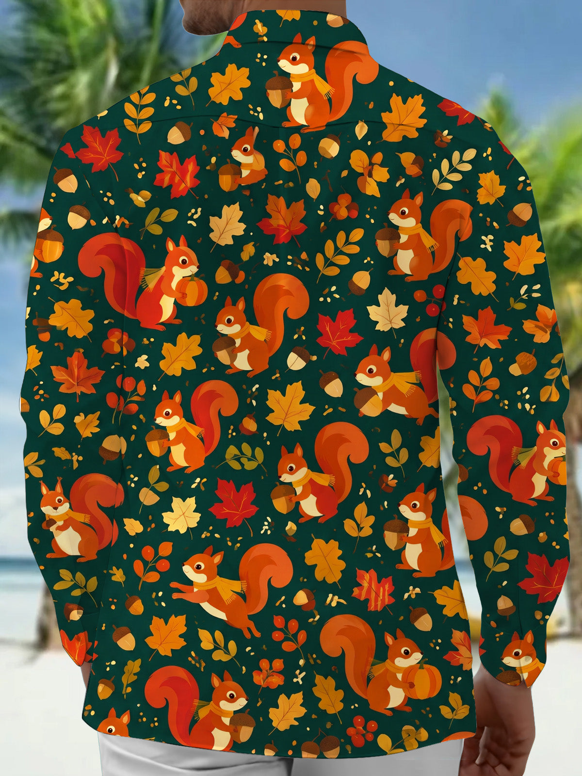 Adaychic Men's Autumn Squirrel And Maple Leaf Pattern Long Sleeve Shirt with Chest Pocket