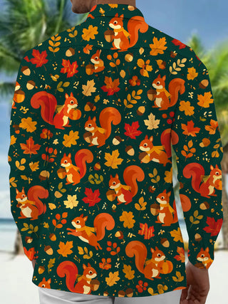 Adaychic Men's Autumn Squirrel And Maple Leaf Pattern Long Sleeve Shirt with Chest Pocket