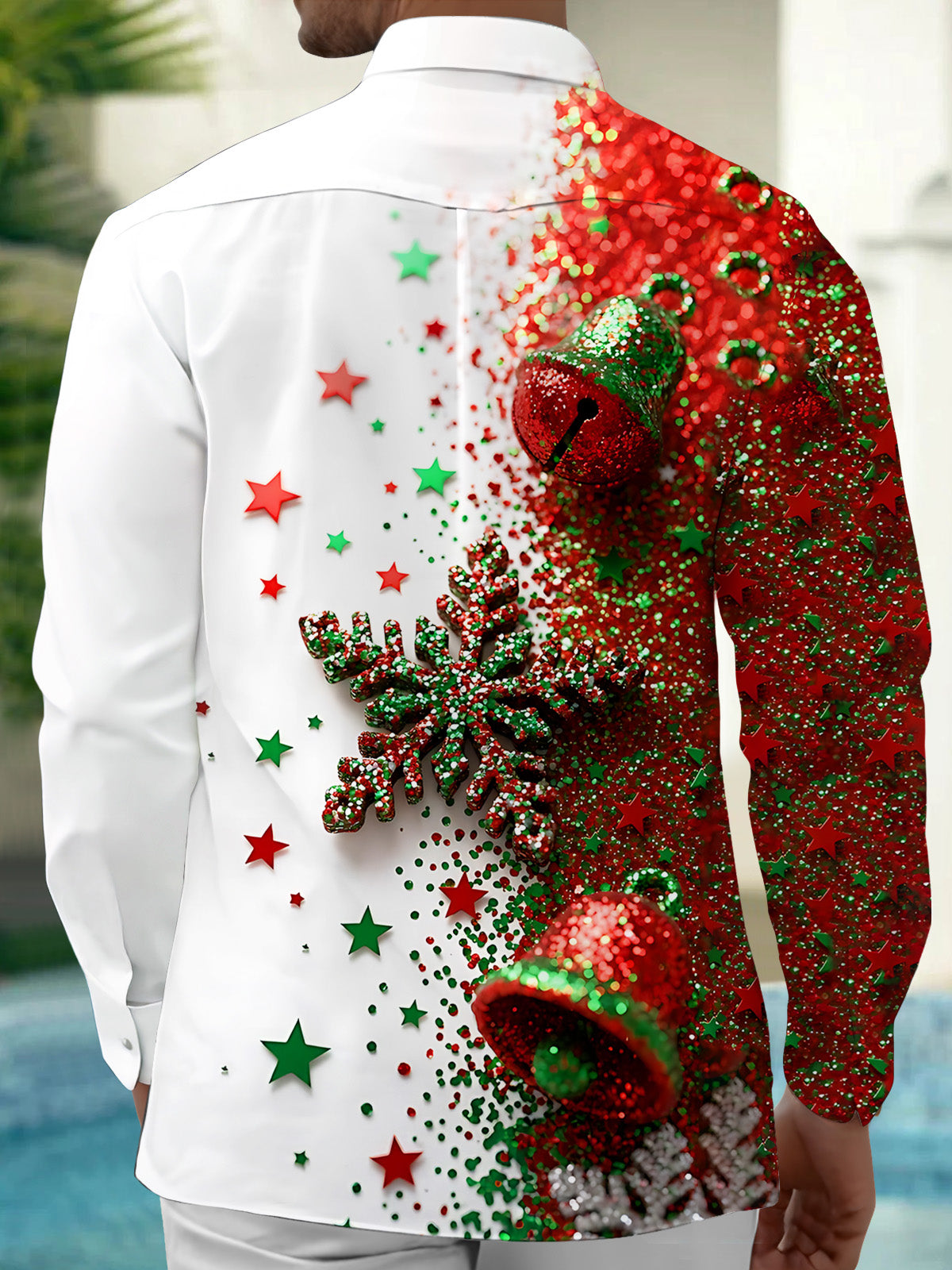Adaychic Men's Graphic Christmas Bells And Snowflakes Print Long Sleeve Shirt with Chest Pocket
