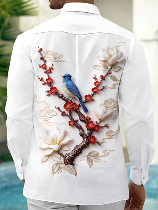Adaychic Men's Long Sleeve Shirt - Blue Bird On Branch With Red Flowers And White Magnolias Print with Chest Pocket
