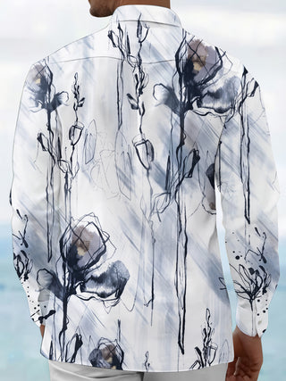 Adaychic Men's Graphic Abstract Ink Wash Floral Print Long Sleeve Button Down Shirt with Chest Pocket