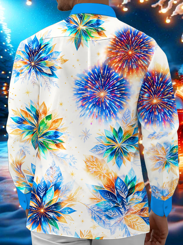 Adaychic Men's Fourth Of July Fireworks And Poinsettia Print Long Sleeve Shirt with Chest Pocket