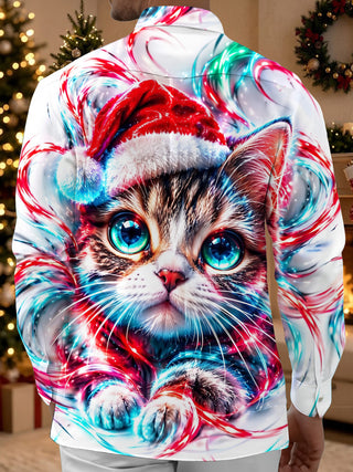 Adaychic Men's Graphic Cat Wearing Santa Hat Print Long Sleeve Shirt
