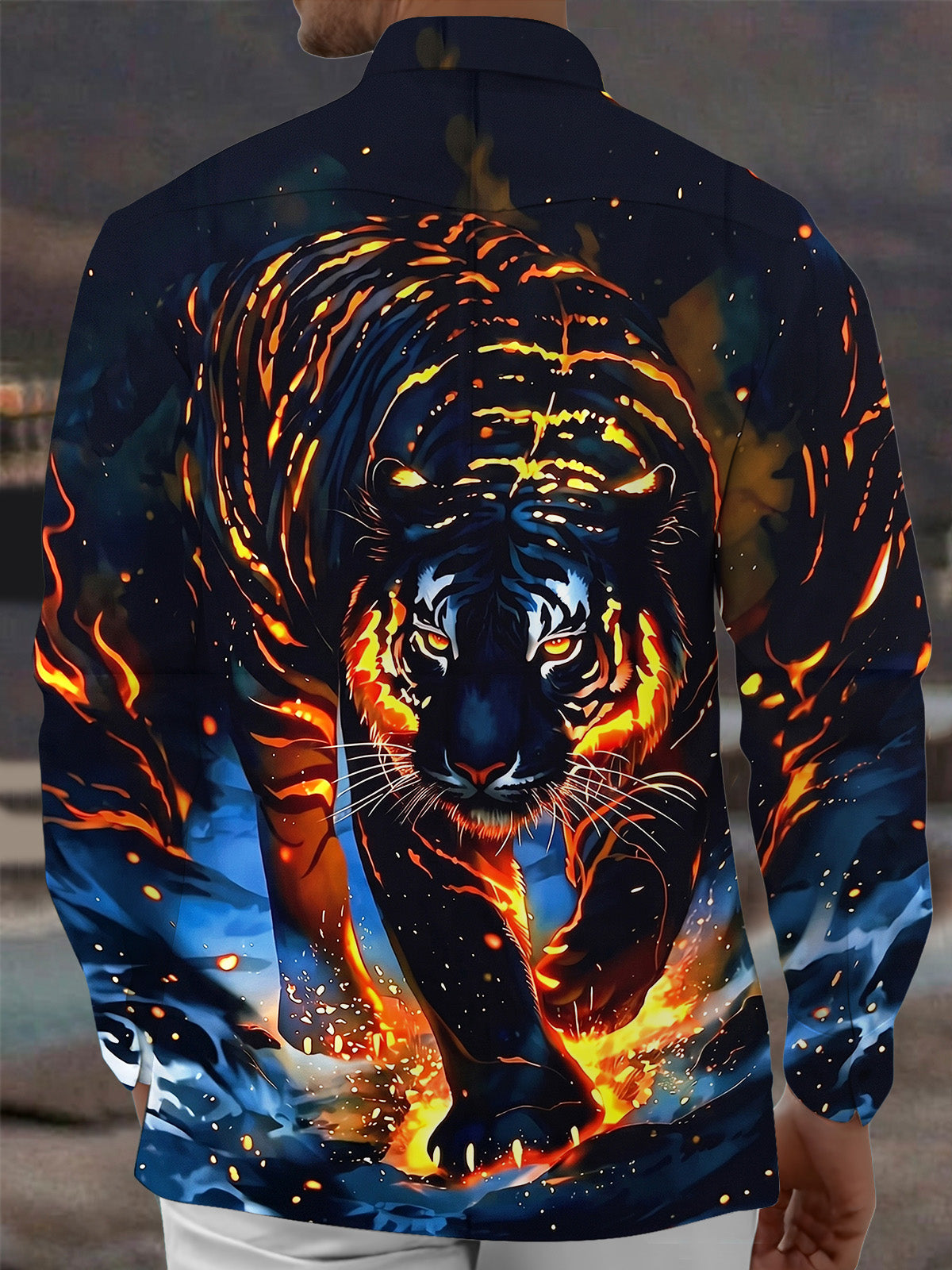 Adaychic Men's Graphic Pattern Print Long Sleeve Shirt with Chest Pocket