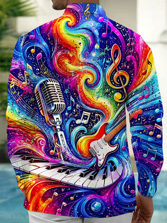 Adaychic Men's Graphic Musical Instruments Print Long Sleeve Shirt with Chest Pocket