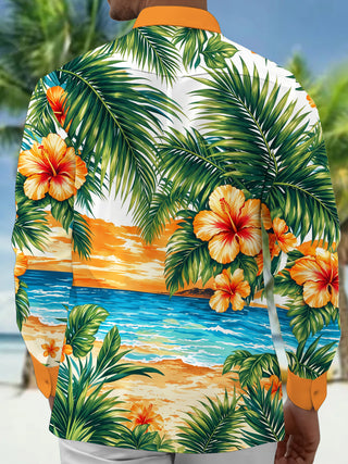 Adaychic Men's Hibiscus Flowers And Palm Leaves Print Long Sleeve Shirt with Chest Pocket