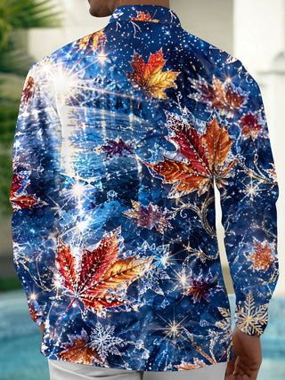 Adaychic Men's Printed Maple Leaves And Snowflakes Print Long Sleeve Shirt with Chest Pocket
