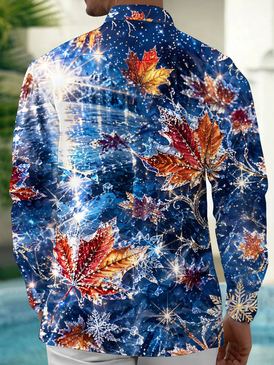 Adaychic Men's Printed Maple Leaves And Snowflakes Print Long Sleeve Shirt with Chest Pocket