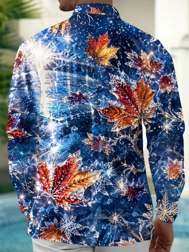 Adaychic Men's Printed Maple Leaves And Snowflakes Print Long Sleeve Shirt with Chest Pocket