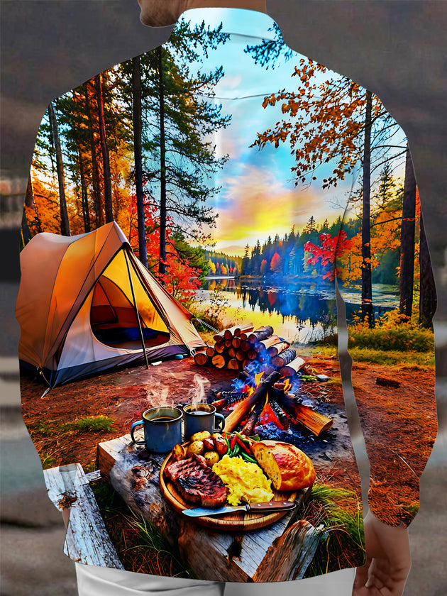Adaychic Men's Printed Autumn Forest Camping Scene Print Long Sleeve Shirt with Chest Pocket