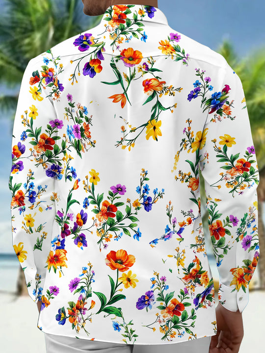 Adaychic Men's Colorful Wildflower Floral Print Long Sleeve Button Down Shirt with Chest Pocket