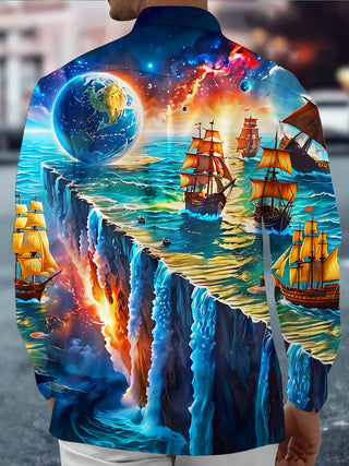 Adaychic Men's Graphic Sailing Ships Print Ocean Waves Print Long Sleeve Shirt with Chest Pocket