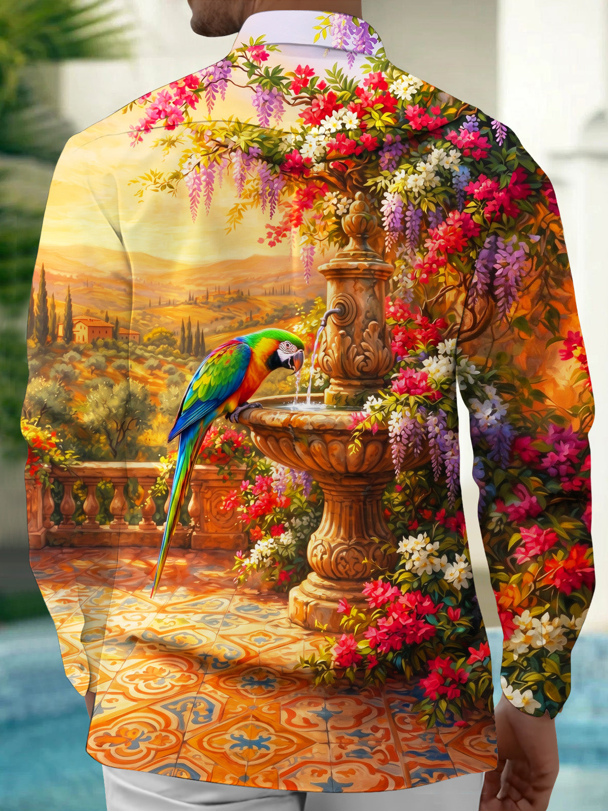 Adaychic Men's Colorful Parrot And Garden Fountain Print Long Sleeve Shirt with Chest Pocket