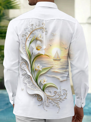 Adaychic Men's Printed Sailboat Sunset Print Long Sleeve Shirt with Chest Pocket