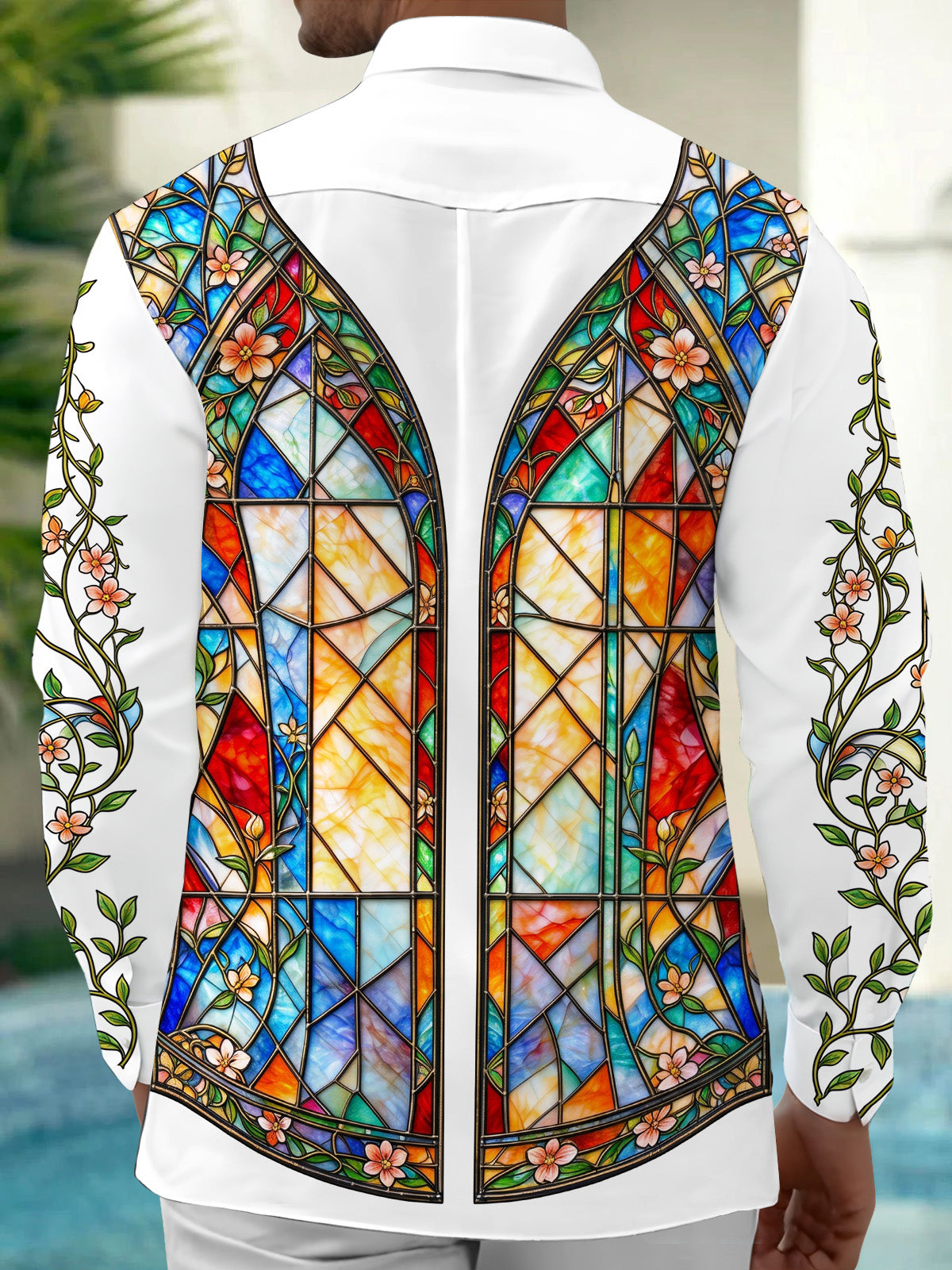 Adaychic Men's Stained Glass Window With Floral Vines Print Long Sleeve Shirt with Chest Pocket