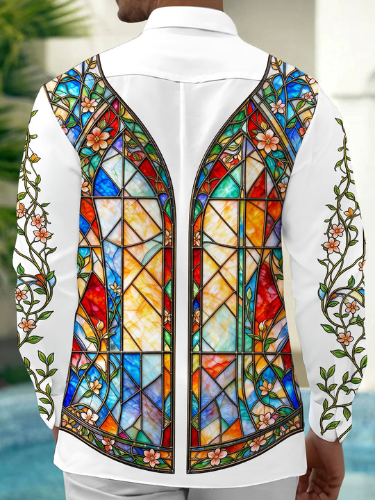Adaychic Men's Stained Glass Window With Floral Vines Print Long Sleeve Shirt with Chest Pocket