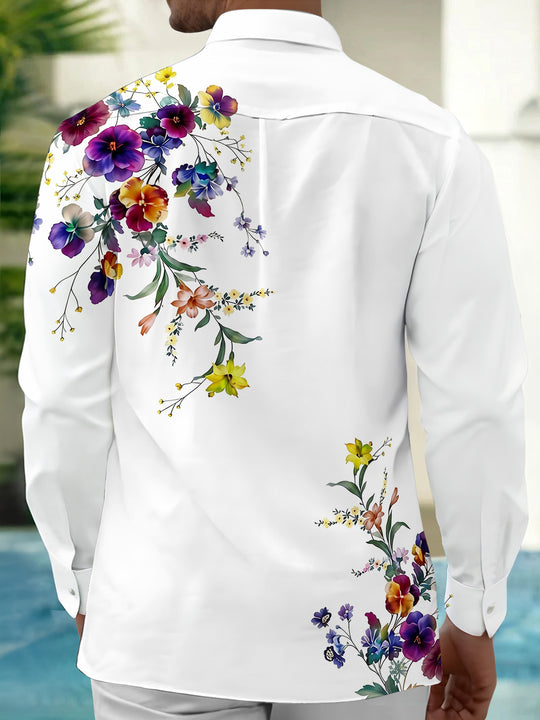 Adaychic Men's Floral Colorful Floral Branches Print Long Sleeve Shirt with Chest Pocket