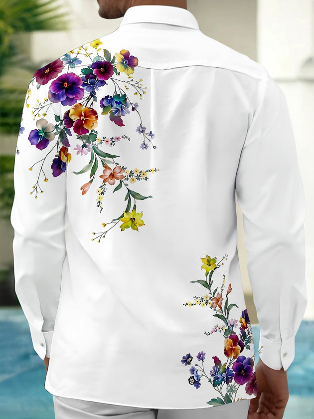 Adaychic Men's Floral Colorful Floral Branches Print Long Sleeve Shirt with Chest Pocket