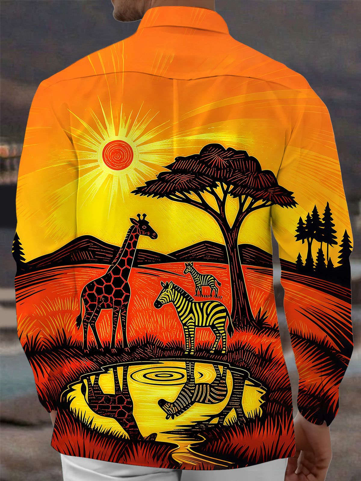Adaychic Men's Hawaiian African Safari Sunset Print Long Sleeve Shirt with Chest Pocket