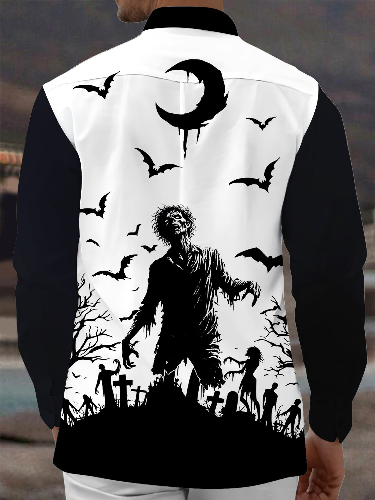 Adaychic Men's Graphic Halloween Print Long Sleeve Shirt with Chest Pocket