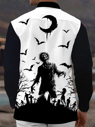 Adaychic Men's Graphic Halloween Print Long Sleeve Shirt with Chest Pocket