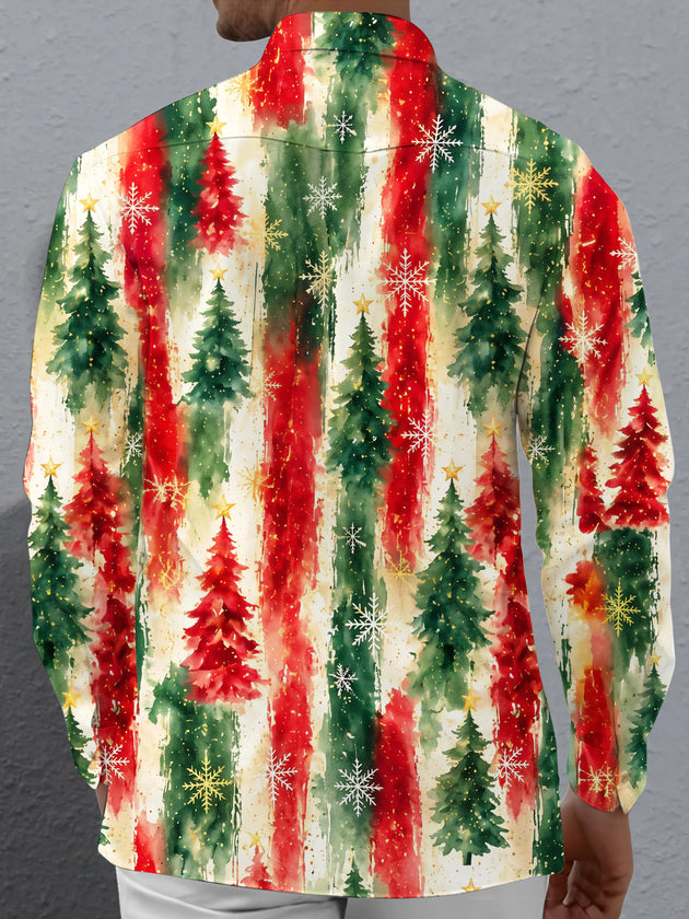 Adaychic Men's Long Sleeve Shirt - Watercolor Christmas Trees And Snowflakes Print with Chest Pocket