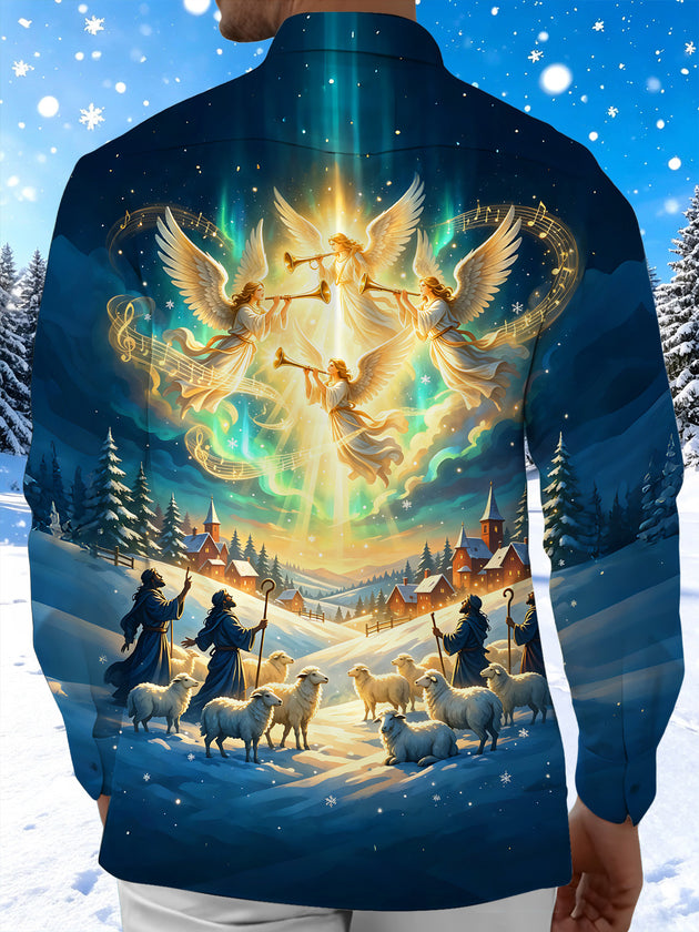 Adaychic Men's Long Sleeve Shirt - Christmas Angels And Shepherds With Sheep Print with Chest Pocket