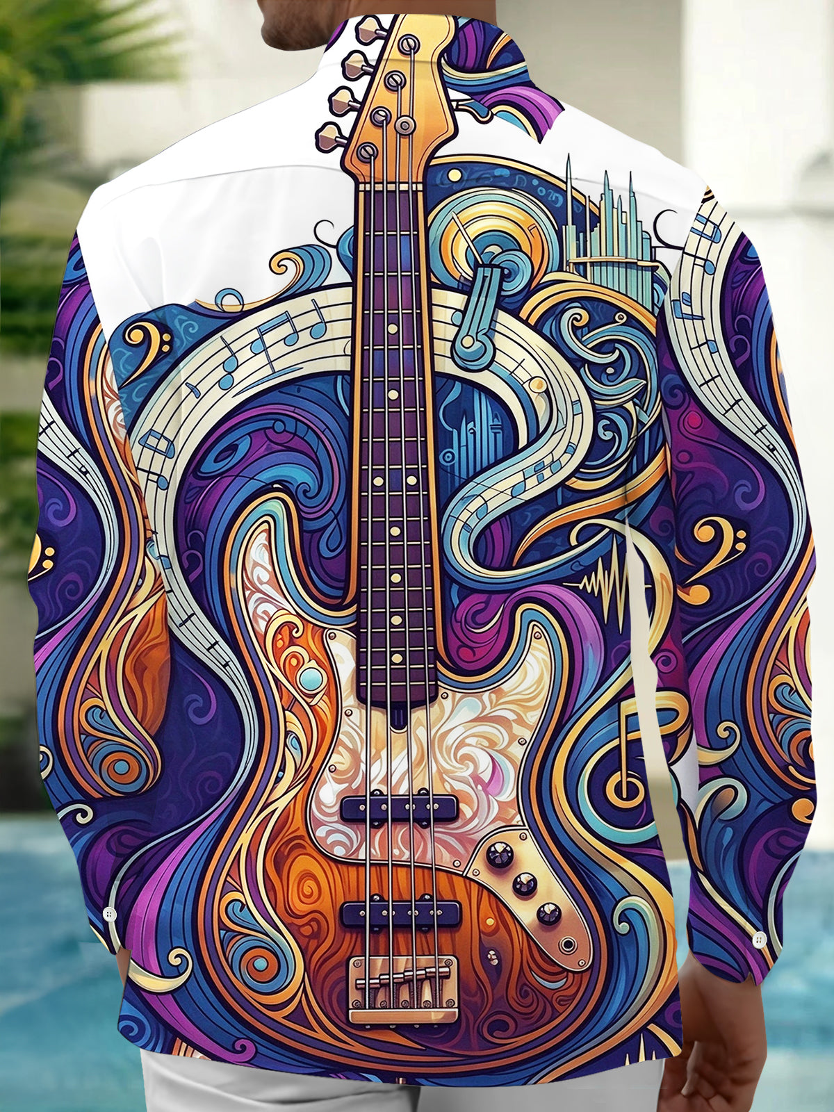 Adaychic Men's Long Sleeve Shirt - Psychedelic Bass Guitar And Musical Notes Print with Chest Pocket