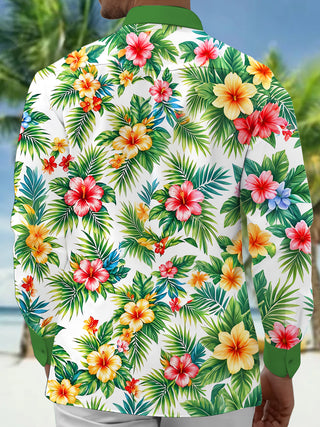 Adaychic Men's Long Sleeve Shirt - Tropical Hibiscus Flowers And Palm Leaves Print with Chest Pocket
