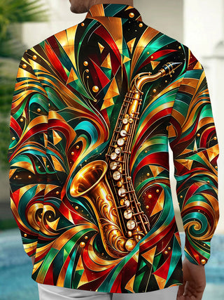 Adaychic Men's Long Sleeve Shirt - Saxophone And Abstract Geometric Patterns Print with Chest Pocket