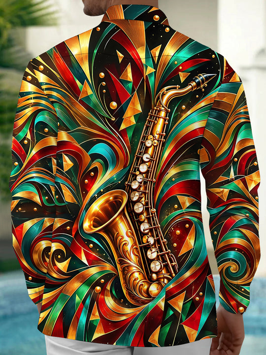 Adaychic Men's Long Sleeve Shirt - Saxophone And Abstract Geometric Patterns Print with Chest Pocket