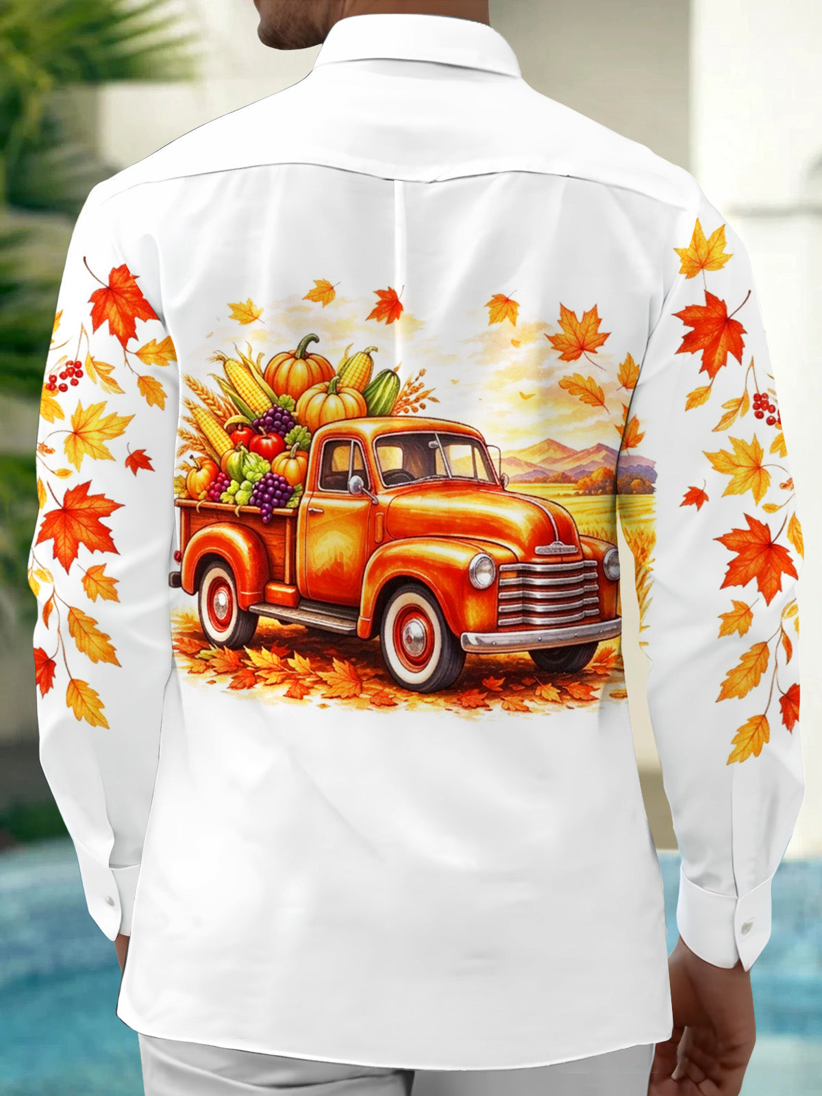 Adaychic Men's Long Sleeve Shirt - Thanksgiving Vintage Truck With Harvest Produce Print with Chest Pocket