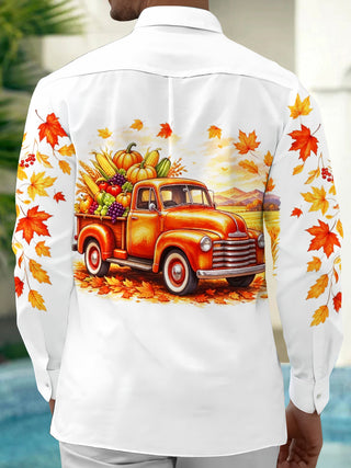 Adaychic Men's Long Sleeve Shirt - Thanksgiving Vintage Truck With Harvest Produce Print with Chest Pocket