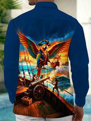 Adaychic Men's Graphic Pirate Parrot On Ship Deck Print Long Sleeve Shirt with Chest Pocket