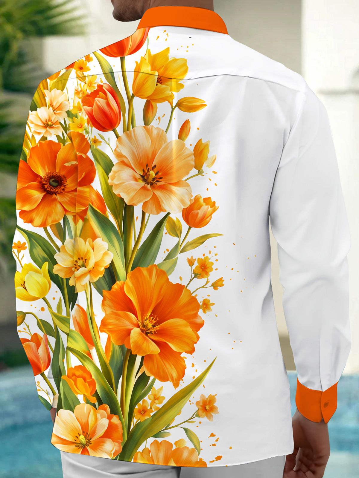 Adaychic Men's Hawaiian Orange Tulip Flowers Print Long Sleeve Shirt with Chest Pocket