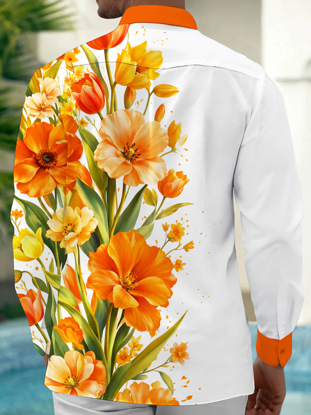 Adaychic Men's Hawaiian Orange Tulip Flowers Print Long Sleeve Shirt with Chest Pocket