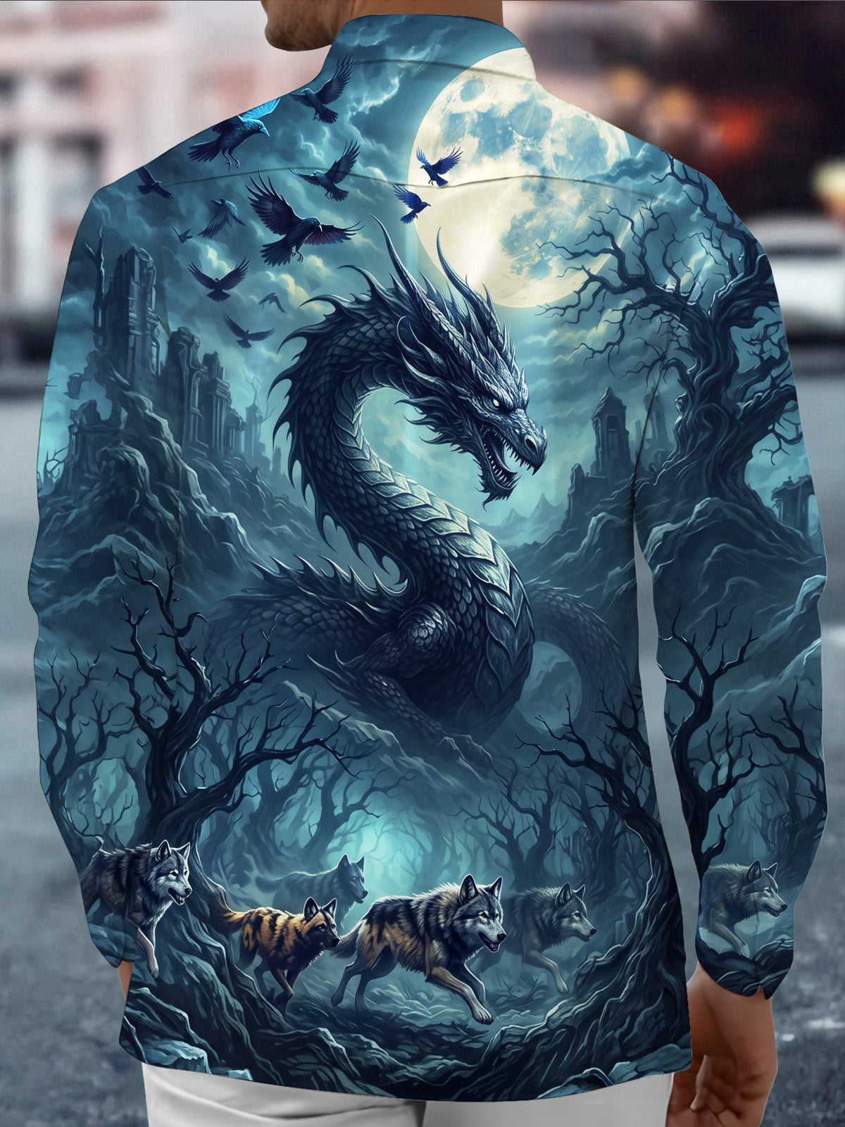 Adaychic Men's Dragon And Wolves In A Moonlit Forest Print Long Sleeve Shirt with Chest Pocket